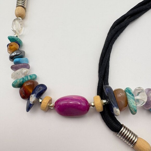 Vibrant Faux Stone Beaded Necklace with Black Cord & Silver Accents Boho Rainbow - Picture 6 of 7